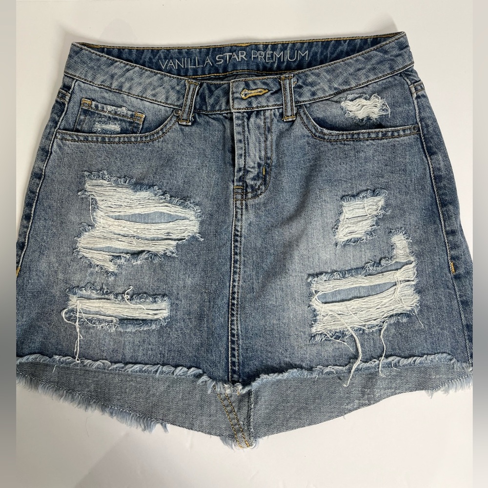 VANILLA STAR PREMIUM HIGH LOW DESTRUCTED DENIM SKIRT